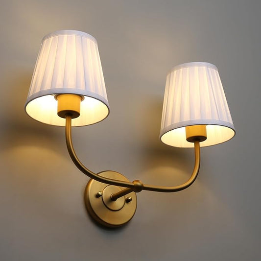 PERMO Vintage Wall Sconce Double Gold wall sconces with Pleated White Stripe Fabric Shades Retro 2 Lights Wall Sconce Hardwired for Living Room Bedroom Hallway