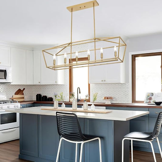 BONLICHT 6 Light Brushed Brass Farmhouse Chandelier for Dining Room, Modern Industrial Foyer Linear Pendant Light Traditional Gold Kitchen Island Lighting Fixture Hanging Ceiling Lights, E12 Base