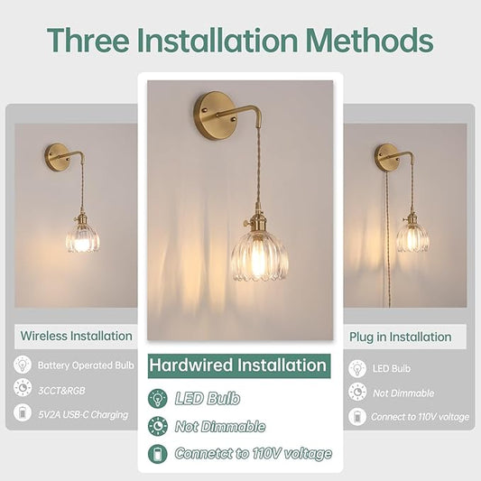 Shenmoyl Vintage Wall Sconce Wall Lamp Clear Tulip Shade Pattern Glass Adjustable Chain Retro Gold Wall Mounted Light, Wall Lamp Fixtures Decor for Bedside Bedroom Indoor Doorway