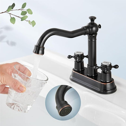 Aolemi 4 Inch Centerset Bathroom Sink Faucet Vintage 2 Cross Handle RV Mixer Tap Basin Vanity Lavatory Utility for Sink 3 Hole Include Hoses Pop Up Drain Faucet Handle with Label Oil Rubbed Bronze