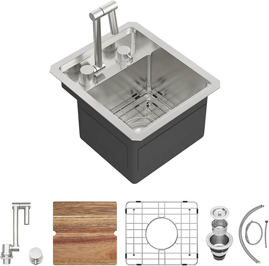 13x15 Inch Outdoor Sink Undermount RV Sink Workstation 16 Gauge Stainless Steel Single Bowl Handmade Concealed Outdoor Kitchen Sinks With Folding Faucet 13"x15"x9"