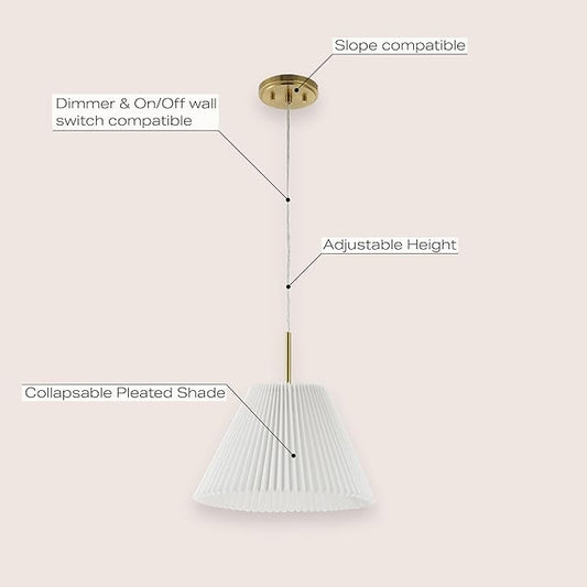 JONATHAN Y 14.25" Brass Gold 1-Light Iron Pendant Light, Classic French Country with White Pleated Shade, Adjustable Height Vintage Shabby Chic Style, LED Bulb Included JYL2407A