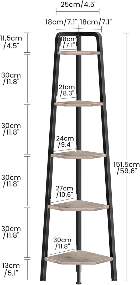 CHOEZON Corner Shelf, 5-Tier Ladder Corner Shelf, Ladder Bookshelf, 59.6" Tall Vertical Display Stand, Metal Frame Bookshelf, for Living Room, Bedroom, Kitchen, Greige and Black TCJ20BG