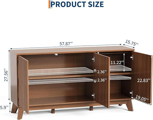 GarveeHome 58" Modern Farmhouse Sideboard Buffet Cabinet with Adjustable Shelves Storage & 4 Doors, Wood Buffet Console Table, Curved Design, Cupboard Coffee Bar Cabinet for Dining Room, Living Room