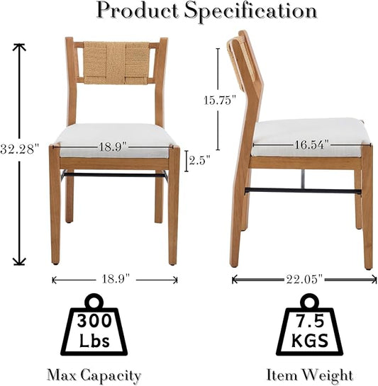 RIVOVA Farmhouse Woven Dining Chairs Set of 6 with Weave Paper Rope Back, Beige Linen Upholstered Kitchen & Dining Room Chairs with Natural Wood Legs, Mid-Century Armless Kitchen Side Chair