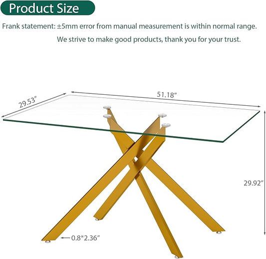 51.18" Rectangular Glass Dining Table, Tempered Glass Small Kitchen Table with Metal Tubular Legs, Stylish and Sturdy Gold Dinner Table for Home and Outdoor