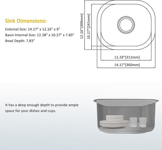 Bar Sink, 14" x 12" x 8" Undermount Kitchen Sink, T-304S Stainless Steel RV Kitchen Sinks, Small Kitchen Sinks With Sink Drain Strainer, Use at Rv, Bar,Outdoor, Laundry and Utility,Bathroom