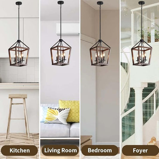 Farmhouse orb Metal Chandelier,4-Light Vintage Handmade Rustic Wood Pendant Hanging Light Fixture for Kitchen Island Dining Room Living Room Bedroom Foyer Hallway