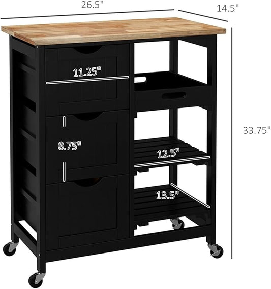 Rolling Kitchen Island Cart, Compact Trolley On Wheels with Top, Shelves & Drawers for Home Dining Area, Black,Multi-Purpose