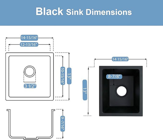 Black Bar Sink 13 x 15 Inch, Matte Black Granite Composite Undermount Kitchen Sinks, 13'' x 15'' Quartz Stone Small Kitchen Sinks With Sink Drain Assembly and Sink Bottom Grid