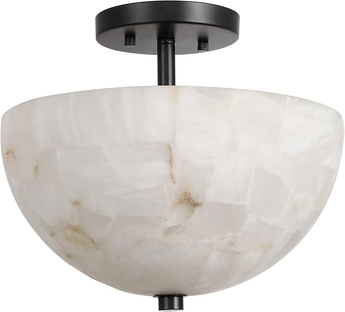 JONATHAN Y 12" White Marbling/Black Modern 2-Light LED Semi Flush Mount Light, Inverted Dome Ceiling Fixture with White Alabaster Shade for Bedroom, Hallway, LED Bulbs Included (JYL1205B)