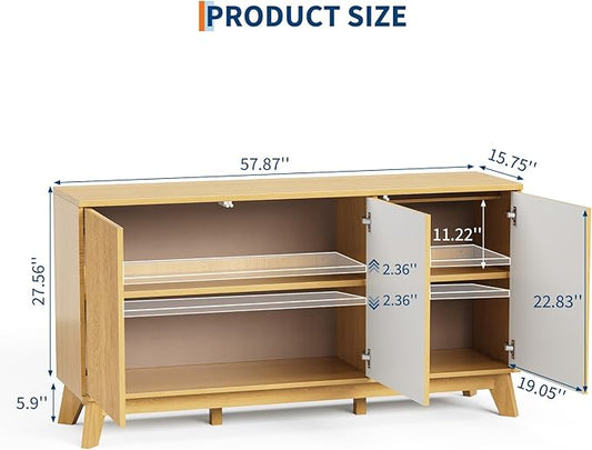 GarveeHome 58" Modern Farmhouse Sideboard Buffet Cabinet with Adjustable Shelves Storage & 4 Doors, Wood Buffet Console Table, Curved Design, Cupboard Coffee Bar Cabinet for Dining Room, Living Room