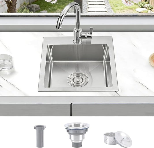 Friho 15 x 17 inch Bar Sink, 15 inch Drop in Wet Bar Sink 16 Gauge Stainless Steel 9 Inch Deep Top Mount Single Bowl Outdoor Rv Sink With Drain