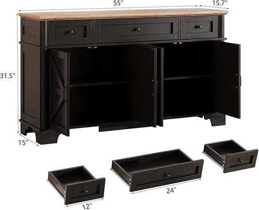 BestHaped Farmhouse Buffet Cabinet with Storage, 55 Inch Black Sideboard Buffet Cabinet with Adjustable Shelves & 3 Drawers, Buffet Table Coffee Bar Wine Bar Storage for Kitchen & Living Room
