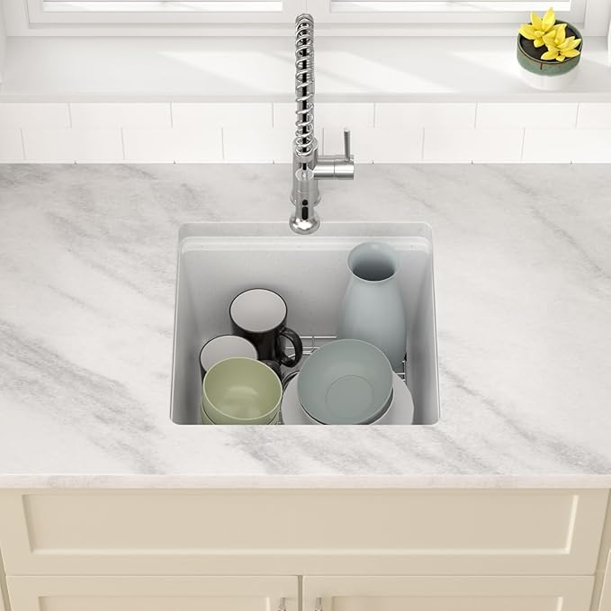 Dcolora 18 In. Undermount Granite Composite Bar Sink Single Bowl Workstation, White Quartz Kitchen Sink, 18" x 18" x 10" #DC-GU0001WS
