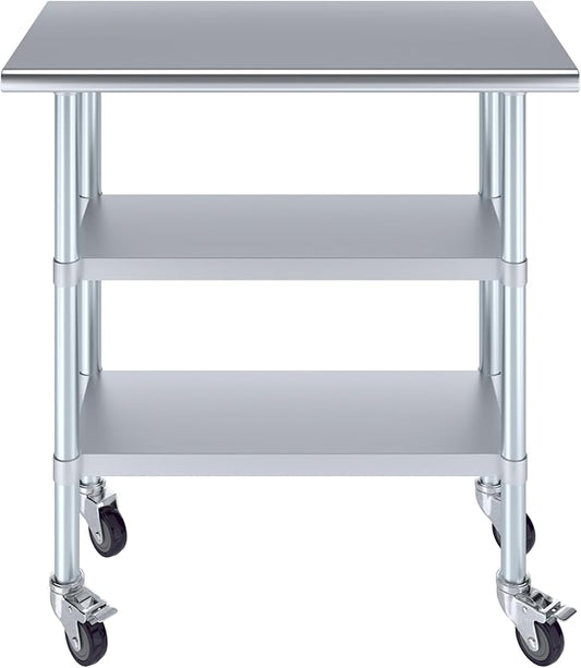 Stainless Steel Work Table with 2 Shelves and Casters | Kitchen Island Food Prep | Laundry Garage Utility Bench | NSF Certified (36" Long x 18" Deep)