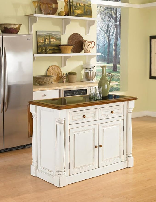 Home Styles Monarch White Kitchen Island with Distressed Oak Top, Black Granite Top Inset, Hardwood, Breakfast Bar, Two Drawers, Two Wood Panel Doors, and Adjustable Shelves