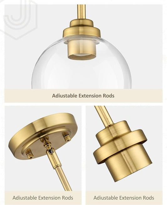 Modern Polished Gold Pendant Light, Mid Century Globe Hanging Light Fixture with Clear Glass for Kitchen Island Dining Room Bedroom Hallway Foyer (2 Pack), PL101BG-2PK