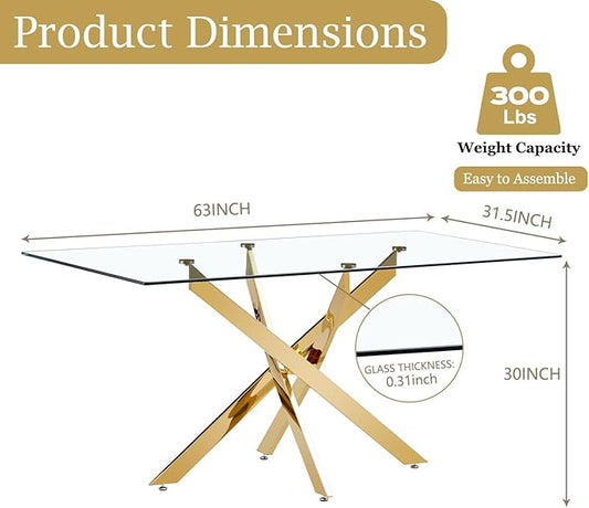 63" Glass Dining Table for 4-6, Contemporary Rectangular Dining Room Table with Tempered Glass Top & Gold Finish Stainless Steel Legs, Modern Large Dining Table for Home Kitchen