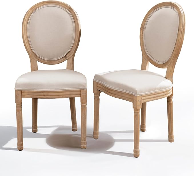 SoarFlash Linen French Dining Chairs Set of 2, Vantage Dining Chair with Round Back, Wood Leg Farmhouse Country Dining Chair for Living Room,Kitchen,Bedroom,Beige