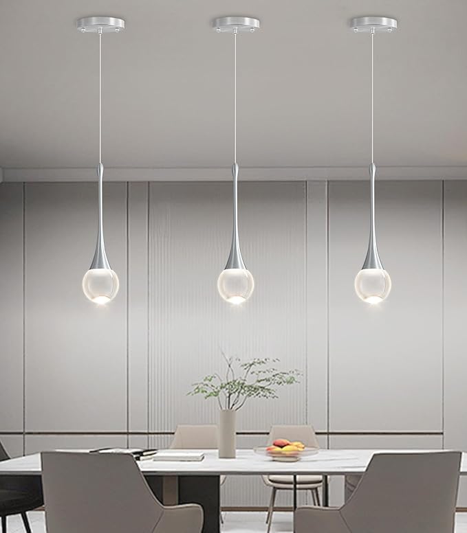 Modern Kitchen Island Pendant Lights Dimmable LED Crystal Chandelier Hanging Pendant Chandelier Silver 3 Pack