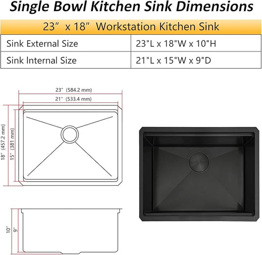 Black Undermount Kitchen Sink,16 Gauge T-304S Stainless Steel Workstation Sinks with Accessories, 23"x 18" X 10" Deep Kitchen Sink can hold Large Pot