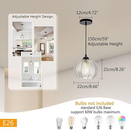 Glass Globe Pendant Lights, Clear Ribbed Glass Shade Mid Century Modern Pendant Light fixtures Pumpkin Design Black Adjustable Cord Ceiling Pendant Light Kitchen Island Dining Bedroom