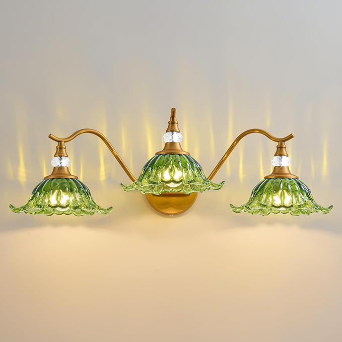 Vintage Bathroom Vanity Light Fixtures - 3 Light Antique Brass Bathroom Lights Fixture Over Mirror with Green Flower Glass,Retro Brushed Gold Bronze Wall-Mounted Vanity Lighting for Powder Room