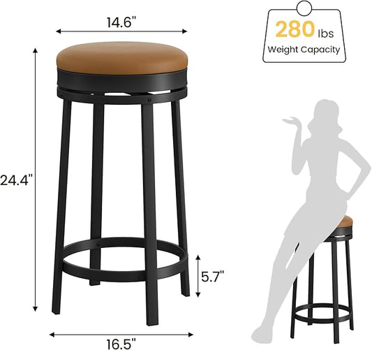 IDEALHOUSE 24'' Swivel Bar Stools Set of 2 with Footrest, Modern Counter Height Barstools with PU Leather Upholstered and Metal Frame, Backless Round Bar Stools for Kitchen Island, Brown