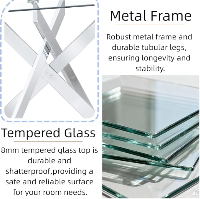 51.18" Rectangular Glass Dining Table, Tempered Glass Small Kitchen Table with Metal Tubular Legs, Stylish and Sturdy Silver Dinner Table for Home and Outdoor