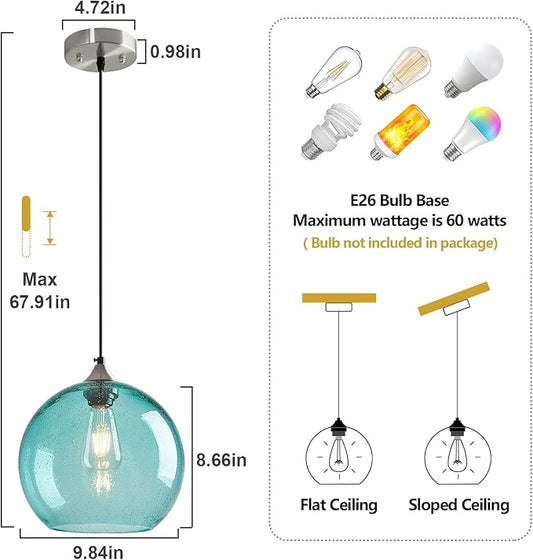 Light Blue Glass Pendant Lights Kitchen Island Globe Pendant Light Fixtures Modern Pendant Lighting for Bedroom Living Dining Room Light Fixture (9.84 in, 1 Pack)