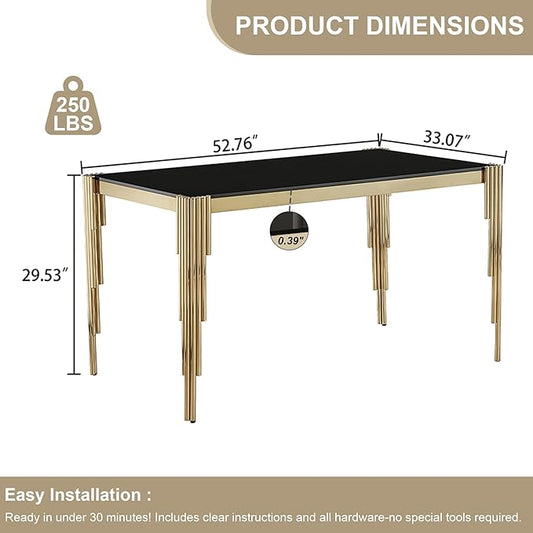 Modern Rectangle Glass Dining Table for 4-6 People, 53" Black Tempered Glass Desktop with Gold Mirrored Stainless Steel Legs for Apartments, Dinner, Home Office