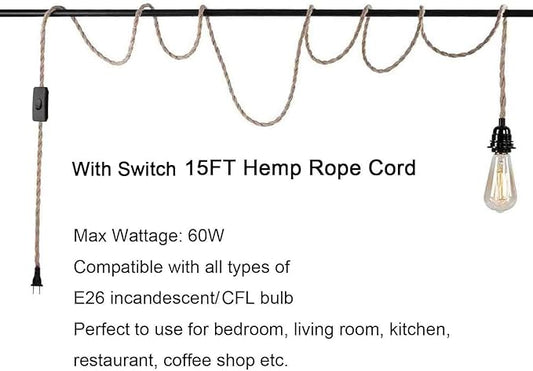 15FT Pendant Light Cord Kit with On/Off Switch, Swag lights with plug in cord, Industrial Pendant Lighting E26 Socket for Extension Hanging Lantern Cable Fixture for Faemhouse Lamp Cable, Retro DIY