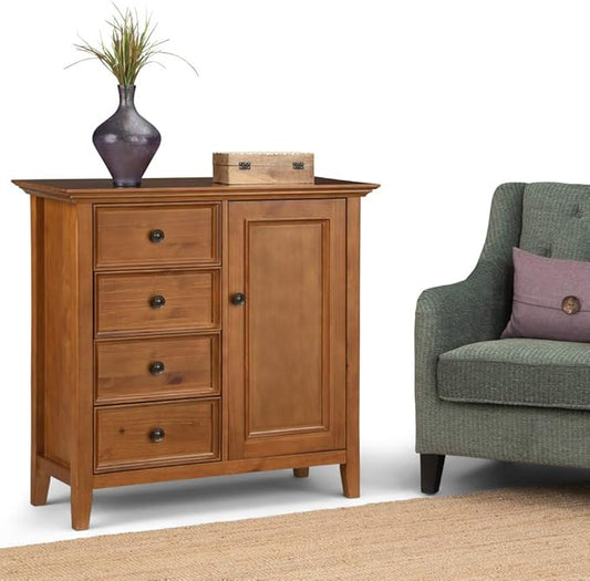 SIMPLIHOME Amherst 37-inch Wide Solid Wood Transitional-Style Storage Cabinet in Light Golden Brown, Cabinet with 4 Drawers and Adjustable Shelves for Living Room or Entryway