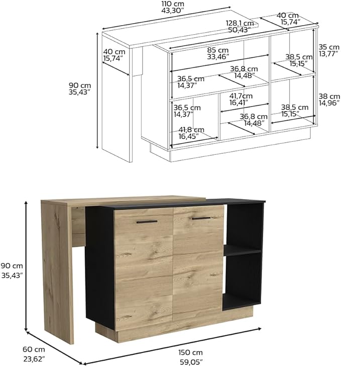 GOWE Kitchen Island, Double Door Cabinets, Two External Shelves, Three Shelves, Black/Light Oak