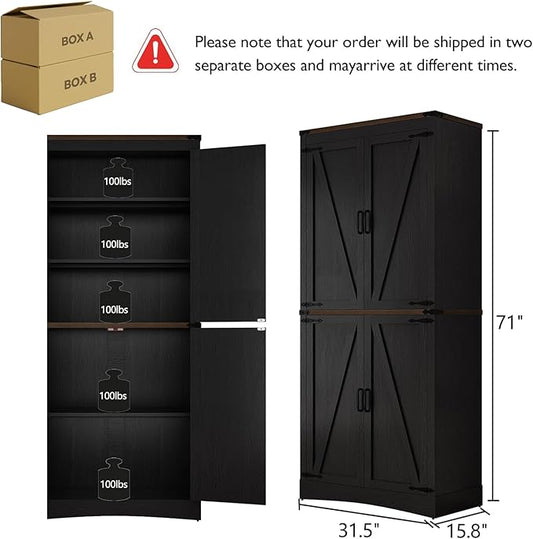 71in Farmhouse Kitchen Pantry Cabinet,Tall Storage Cabinet with 4 Doors and Adjustable shelves,with Load-Bearing Steel Pipe,Wood Storage Cabinets for Kitchen,Dining Room,Bathroom(Black)