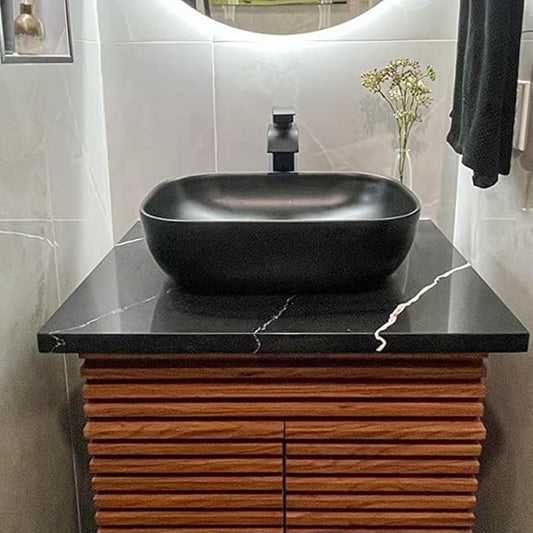 Black Vessel Sink Rectangle, 18"x13" Above Counter Porcelain Ceramic Bathroom Vessel Sink With Faucet and Drain Combo