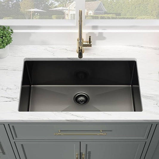 Kichae 30 Black Undermount Kitchen Sink - 30 inch Undermount Sink 18 Gauge Gunmetal Black Stainless Steel Deep Handmade Single Bowl Sink Basin