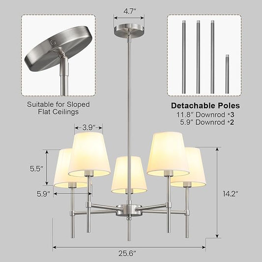 RUIYEY Dining Room Chandeliers Light - 5-Light Brushed Nickel Modern Chandeliers Light Fixtures with White Fabric Shade, Height Adjustable Pendant Island Lights for Entryway Farmhouse