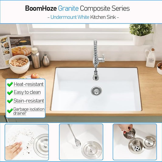 33 Inch White Undermount Kitchen Sink, 33x19 Inch Granite Composite Kitchen Sink Undermount Quartz Single Bowl Dual Mount Deep Basin with Countertop Squeegee Brush Combo