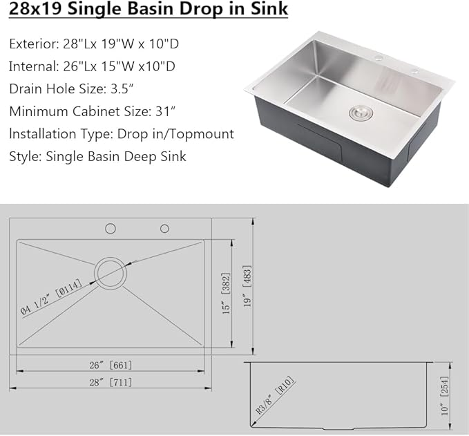 28 Inch Drop in Kitchen Sink, 28" x 19" 16 Gauge Stainless Steel Deep Kitchen Sink Single Bowl Basin with Drain Strainer