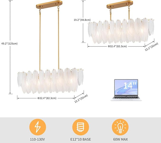 LumFurn 10-Light Glass Linear Chandeliers, Modern Design Island Light Fixture for Dining Room, Kitchen Island, L32xW12xH19~50 Inch(Adjustable Height), Glass Feather Shade & Brass Finish