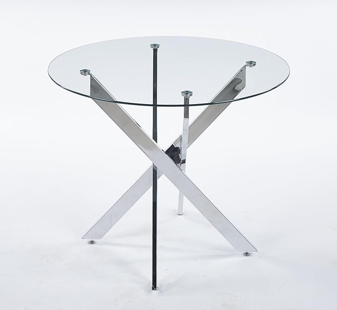 SSLine 35.4" Round Glass Dining Table for 2-4 Modern Circle Glass Tabletop Kitchen Table for 4 Luxury Dinner Tables with Silver Metal Legs for Home Kitchen Dining Room(Table Only)