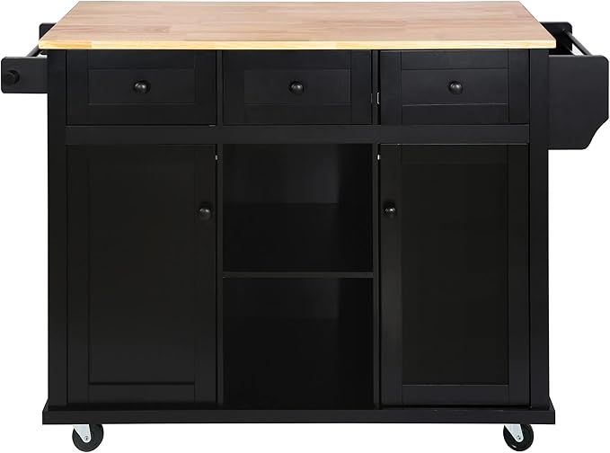 Mobile Kitchen Island with Drop Leaf, Rolling Kitchen Cart on 5 Wheels with Rubberwood Top, Storage Cabinet with 3 Storage Compartment, Spice and Towel Racks for Dining Room