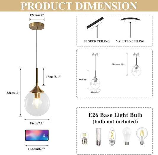 KCO Lighting Brushed Gold Kitchen Pendant Light 7” Modern Clear Glass Globe Pendant Light Brass Dining Room Light Fixture Mid Century Entryway Hanging Light Fixture (2 Pack)