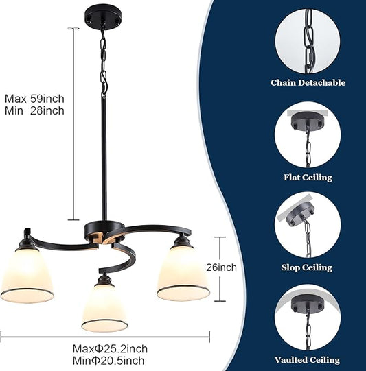 3 Lights Modern Chandelier Light Fixture Matte Black Retractable Round Chandelier Rustic Hanging Lamp Adjustable 59" Max Pendant Ceiling Light for Kitchen Island Dining Room Table Hallway