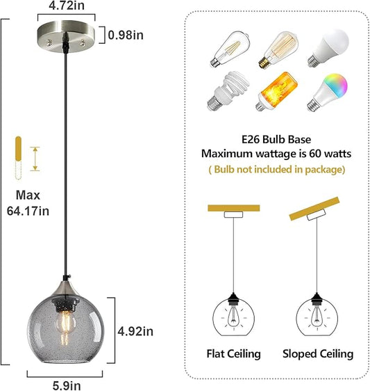Light Grey Glass Pendant Lights Kitchen Island Globe Pendant Light Fixtures Modern Pendant Lighting for Bedroom Living Dining Room Light Fixture (5.9 in, 2 Pack)