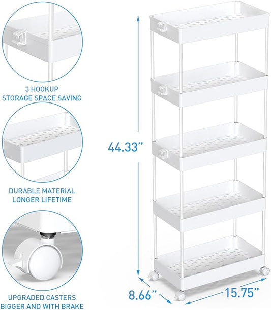 SPACEKEEPER 5-Tier Storage Cart Organizer Rolling Utility Cart, Mobile Shelving Unit Slide Out Storage Shelves for Kitchen Living Room Bathroom Laundry Room & Dressers, White