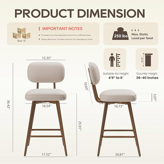 MALOL 26“ Swivel Bar Stools Set of 6, Mid Century PU Leather Counter Height Bar Chairs with Low Back and Metal Legs, Modern Bar Stool Chair for Kitchen Island, Beige
