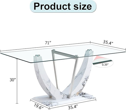 71" Glass Dining Table, Modern Kitchen Table for 6-8, Large Rectangle Dinner Table with Tempered Glass Top and Wooden Base for Dining Room, Kitchen